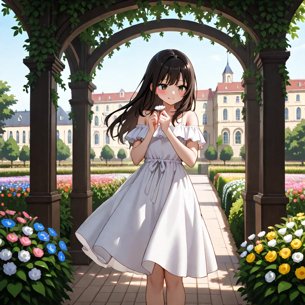 absurderes, hight resolution, (Official art, Beautiful and aesthetic:1.2), (Close View:1.2), Front composition, 
1girl in, (Long hair:1.2), Gray hair, Wavy Hair, Smile, 
(Everywhere in the flower garden:1.6), (Flower Effects:1.2), (Floral background:1.2), (Background filled with flowers:1.4), (Fancy backgrounds:1.1),