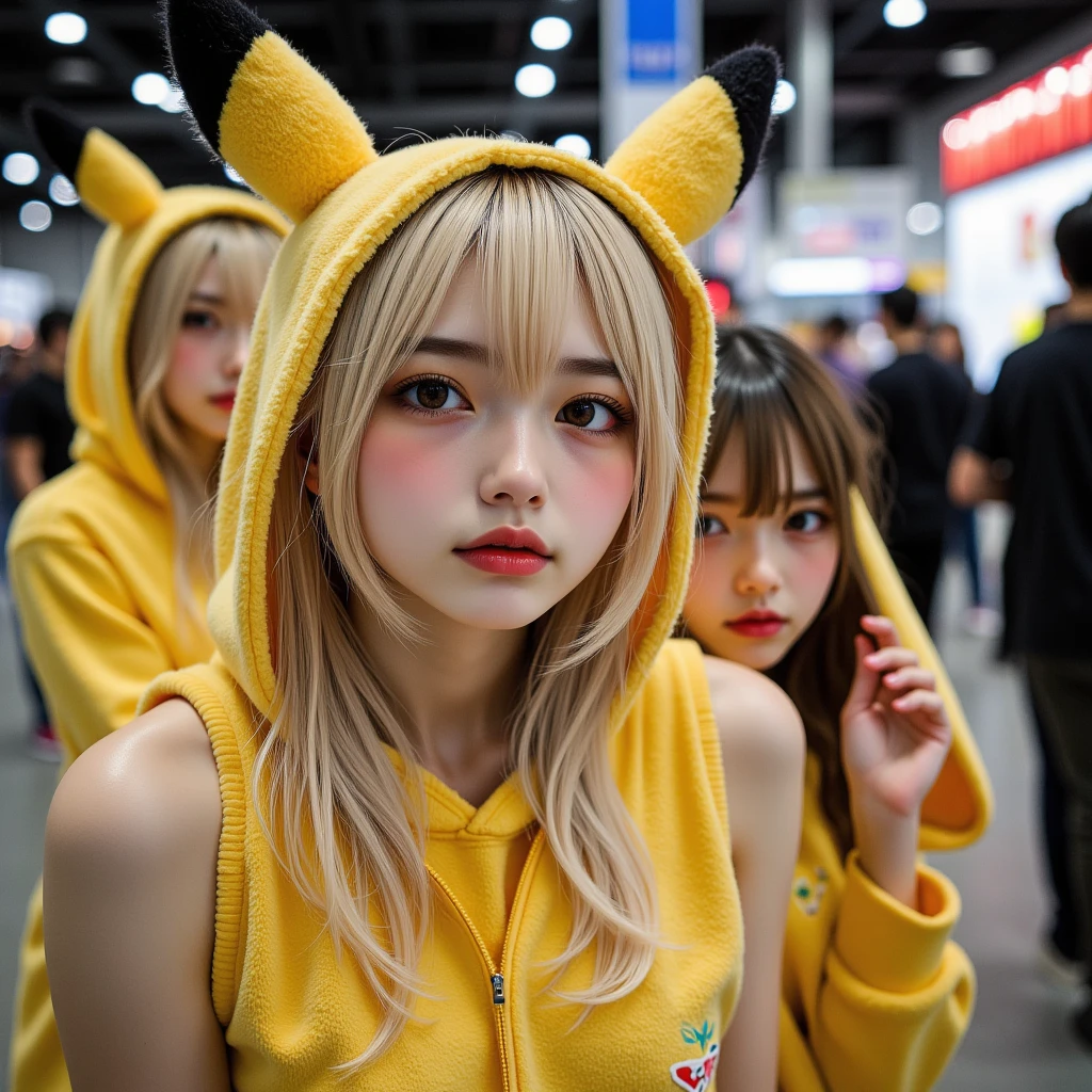 (Girl in ((Yellow)) Pikachu hood), (naked hoodie, hood loosely open) . masterpiece 8K best quality, (RAW PhotoRealistic HyperRealism:1.37) Ultra-detailed, (Acutance:0.85), VolumetricLighting, Studio gray background with (Blurred colorful Lights dazzling bokeH:1.28), { (Overflowing Gigantic Cleavage;1.2) | (Golden ray illuminating face) | (Photon Particles:0.95) } . BREAK . (((Extremely detailed KAWAII face))), perfect anatomy, Childish, CaptivatingGaze, Elaborate detailed Eyes with (Sparkling Highlights:1.28), Beautifull Pupils, (Voluminous Long Eyelashes:0.88)、Glossy Lips, Rosy Cheeks, (Flawless FineSkin, Radiant PearlSkin with Transparency), Shiny SilkyHair . { (joyful expressions:1.28) | (:d) }, (Large eyes:-1) . (leaning forward)