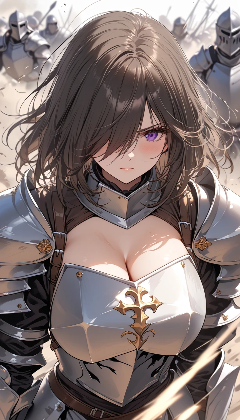 Dark Paladin,beautiful breasts,holding shield,spear,Hair Color is gold,hair style is sideponytali, hair over one eye,high Quality,best quality