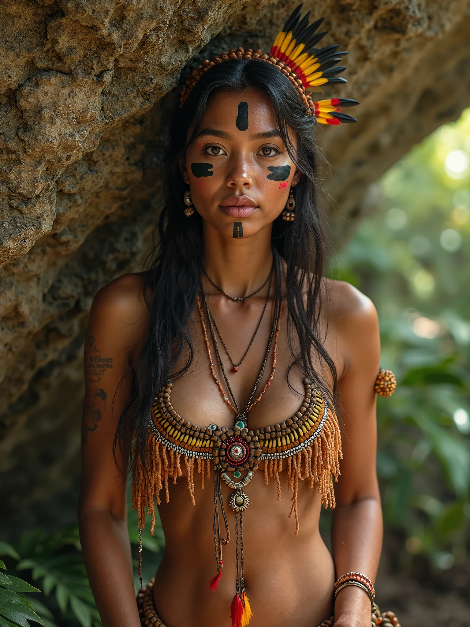 (Artwork, high quality, realistic, Ultra realistic, Remarkably high quality, photorealistic:1.5), pelada, nua, corpo pintado, perfect medium nude breasts, nude, naked, 32DD, (((((Pocahontas, native american. disney princess brown skin brazilian disney pocahontas naked, sexy girl, big breast. Sitting in a river. Sensual. sweat runs through her beautiful body. Orgasm face. Placer. realistic ravishing Native American indian 22-year-old female a seductive tribal body paint))))), Sensual, hot photo shoot, sharp focused on, detailed, realistic, high definition, studio lighting, seductive, Attractive, Seductive, Standing facing the viewer with hands to the side, beside outdoors, Forested area, Near grassy area with su8K, Masterpiece, Best quality, Photorealistic, Ultra detailed, 1 girl, Realistic skin texture, Large breasts, sexy provocative malicious happy smile, Looking at viewer, Loose mid-cut t-shirt, under breasts, under breasts, Film lighting, Focus on face, Beautiful eyes, detailed face, well-lit face, sun rays, outdoor cafe in the background, low angle photo, view from below# Immediate production is located on a rooftop in Corona Queens, New York. It's sunset and the sky is full of vibrant colors, creating a stunning backdrop to the scene. The woman strikes a confident pose, exuding elegance and grace. which adds a playful touch to your sophisticated look. The roof glows with the warm city lights and the atmosphere is enhanced by the presence of dazzling neon lights that dot the horizon. The image is of the highest quality, with sharp focus and ultra-detailed features, capturing every nuance of the woman's expression and her surroundings.
