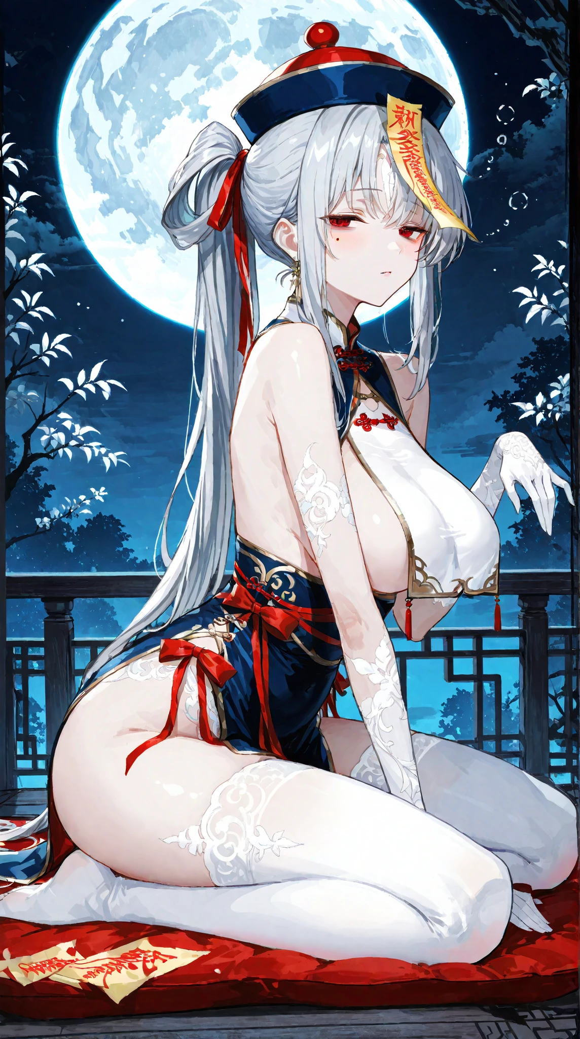 masterpiece, Highest, night, full moon, (1 female, Mature Woman,Big Breasts,Bursting Boobs),Chinese style, ancient China, sister, Royal Sister, Cold Face, Expressionless, A woman with long silvery white hair, Pale pink lips, Calm, intellectual, Three belts, Gray Hitomi, assassin, dagger, Flower ball background, Street view