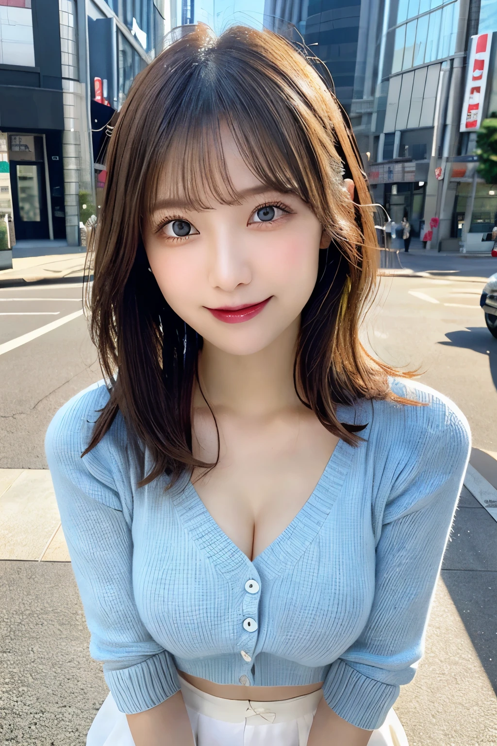 Tabletop, Highest quality, shape, Very detailed, finely, High resolution, 8k wallpaper, 完璧なダイナミックな構shape, Beautiful and detailed, Beautiful straight hair,Small breasts,Natural color lip, 20-year-old girl、cute、Always blur the background,Perfect and beautiful face,Slim face and figure,Big eyes、Putting on gal makeup,Actual Photos(Best image quality)、smile、Ginkgo tree-lined street