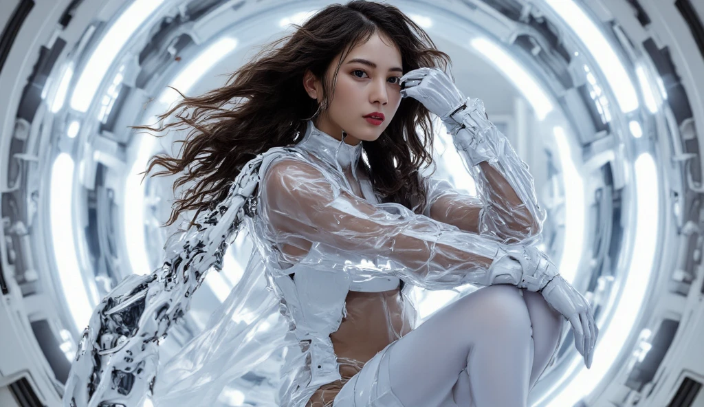 fashion brand collection, highly detailed, beautiful, masterpiece, best quality, Geometric style abstract beauty,1 girl, (all body:1.6), Shiny skin, approaching perfection, digital painting, artstation, concept art, illustration, white and black colors, surreal, latex, Liquid, Scattered geometry, Asymmetry patterns, abstract forms, white petals, complicated background
