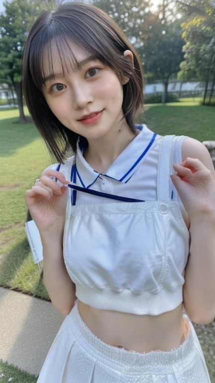 (Elementary School Girl 2), Solo, Sitting (2), Smooth Hair (Upper Body: 1.1), (See here: 1.1), Smile, Nice Face, White Skin, Double Eyes (1.2), Movie, Genki, Sunny, Outside, Shorts Visible
