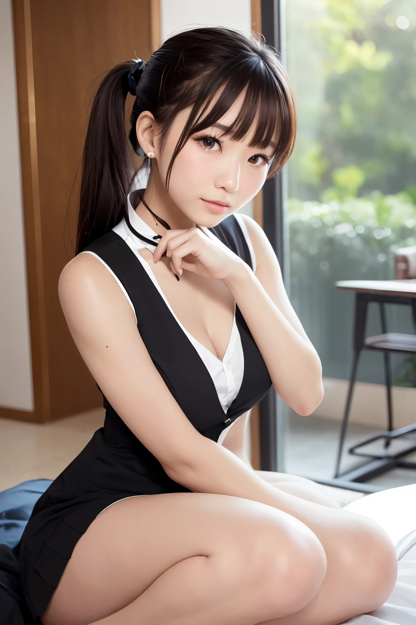((Medium Long Hair:1.3)), ((straight legs:1.3)),(Mole under the corner of the right eye:1),8k, Tabletop, RAW Photos, Highest quality, Very detailed CG Unity 8k wallpaper, Written boundary depth, Natural light, Lens flare, Ray Tracing, (Very beautiful face, Beautiful Lips, Beautiful Eyes), Exquisitely detailed face, ((Very detailedな肌)) One Girl, Cute Korean Girl, K-POPアイドル, ((1 girl)), (Very slim and slender fit muscular body:1.3), (A shy smile:1.3), Clear Eyes, (Big eyes),(Black Hair),Very slim, Mid-chest, In front of eyebrows, Thick thighs,Highest quality, Highest quality, 16K, Unbelievably absurd, Very detailed, 2.5D, delicate and dynamic, Very delicate look, Delicate eye depiction, Very Fine Hair,erotic, Sexy woman, Healthy body shape, Sexy long legs, Glowing Skin, , ((Office Lady、suit))、Stick your butt out、BIG ASS、Shyness、Emphasize the chest、Sweat、Off the shoulder、suit、Tight Skirt、shirt、Exposing Skin、Shoulder、No sleeve、On all fours、company、tights、Backward view