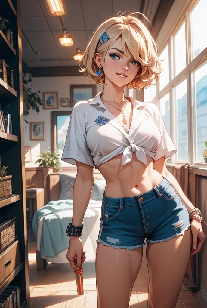 (Superflat, Flat Shading, flat-colors:1.1)、(Magazine Cover)、Illustrations、(Beautiful platinum blonde hair、short-hair、American boyish girl)、crotch open、Smiling、Draw so that the crotch cloth of the beige underwear is visible.、Skirt ping、((Torn and tattered denim skirt、Beige panthoker、When I look through the viewfinder、A bracelet、Thigh strap、Body Painting、Head tilt、8K resolution、intricate clothing、Intricate details、1girll、Solo、a blond、Standing、Cowboy Shot、Arms as、a miniskirt、Detailed panties、((from bendquarters、heart cutout、hip incision))、Volumetric lighting、Soft light、Bright、neons、Vibrant colors、watercolor paiting、