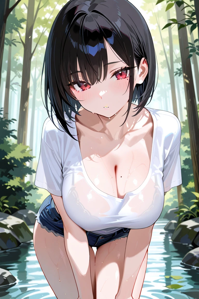 (hews art style:0.7), (hero neisan art style:0.7), score_9, score_8_up, score_7_up, score_6_up, score_5_up, score_4_up, uncensored, shizuka hiratsuka, long hair, black hair, black eyes, BREAK (masterpiece:1.2), best quality, high resolution, (detailed eyes:1.3), perfect lighting, (perfect hands, perfect anatomy), 1girl, navel, bare_shoulders, looking_at_viewer, collarbone, jewelry, water, breasts, floating_hair, outdoors, nsfw, nsfw art, nudity, wet, sweating profusely, seductive smile, upper teeth only, blush face, gasping,