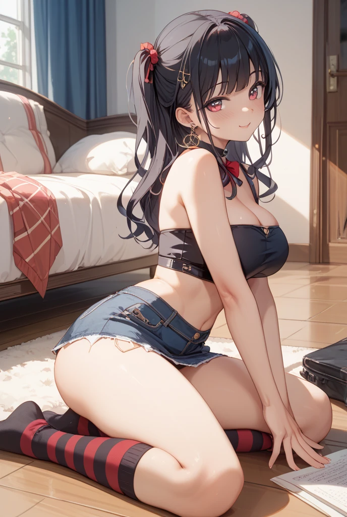 anime - style [ 4 k digital art ]!! camera angle from above, full body picture, the anime girl laying on couch, relaxed, lazy, night time, ((ar old l:1.6)), Girl in 1, Exaggerating huge breasts to the maximum, hizuru minakata (summer time rendering)1.3, anime, dark blue hair, long hair, ponytail, purple eyes, JJ cups1.9, oppai:1.9, oppai , huge breasts:1.6, busty:1.6, bra pink:1.9, no shirt:1.9, hourglass figure, low cut tank top, tight small clothes,
shorts:1.3, black shorts, high heeled sandals, smile, shy, tiny waist, wasp waist, round ass, shapely legs:1.9, Complete anatomy, (Whole body:1.9), child's body, Super Cute, girl, busty, oppai, oppai , cleavage:1.9 Beautiful Girl, beautiful shining body, beautiful girl with fine details, beautiful and delicate eyes, Detailed face, Beautiful eyes, beautiful shining body, Perfect fusion of the child's with breasts with maximum exaggerated huge breasts Natural light,((Realism: 1.2)), dynamic far view shot, Cinematic lighting, Perfect composition, by sumic., ultra hyper-detailed, Highly detailed CG Unity 16k wallpaper, Best quality, (masute piece), (Best quality:1.4), (ultra-high-resolution:1.2), (hiper realistic:1.4), (Photorealistic:1.3), Best quality, High quality, A high resolution, Detail enhancement, 