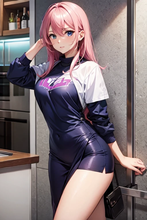 mastute piece,Best Quality,insanely detailed,8k cg,nsfw,shoot upper body,(body in front:1.1),1girl,standing,looking at viewer,(blue baton twirling costume),open clothes,break,blush,shy,ecstasy face,gasping,(trembling:1.2),pink hair,open mouth,large breast,(indoor sports field),