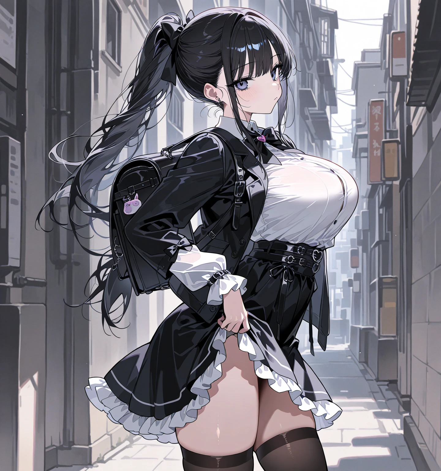 maid girl,(((1girl))),((anime maid girl with extremely cute and beautiful black hair walking seductively down the street)),
(large breasts:1.4),bountiful breasts, fluffy breasts, H cup bust, bust up, bulging bust top,(((black bob hair:1.35,colored inner hair,short hair, ear breathing))),((heterochromia, eye1 blue, eye2 purple, perfect eyes, upturned eyes:1.3, beautiful detailed eyes, finely detailed beautiful eyes:1, big highlight on eyes:1.2, slanted eyes)), ((fat)),(((lustrous skin:1.5,bright skin: 1.5,skin tanned,shiny skin,very shiny skin,shiny body,plastic glitter skin,exaggerated shiny skin))),(spider lower abdomen,narrow waist,wide hip,athletic body,inflated legs,delicate detailed fingers,detailed body,detailed arms,human hands, detailed hands),
cute,slutty,seductive,erotic,(((nsfw))),
zettai ryouiki,(maid headdress), maid uniform, Headdress, (maid), sleeveless, mini skirt, boots, cleavage cutout, bare legs,clothes with a lot of lace frills,(detailed outfit,detailed clothes),
(dynamic pose:1.0),solo focus,embarrassed,blush, sweat,((tears,open mouth)), moist eyes,centered,scale to fit dimensions,Rule of thirds,
outdoors, ((night view)), (cyberpunk night street Background: 1.5,dark sky,alleyway,lonely alley,thick clouds, detailed background:1.25),
(best quality), (high resolution), (sharp focus), (ultra detailed), (extremely detailed), (extremely high quality artwork), 8k_wallpaper, (extremely detailed CG 8k),(very fine 8K CG), ((hyper super ultra detailed perfect piece)), flawless, (((masterpiece))), illustration, vibrant colors, (intricate), High contrast, Selective lighting, Double exposure, HDR (High Dynamic Range), Post-processing, Background blur,