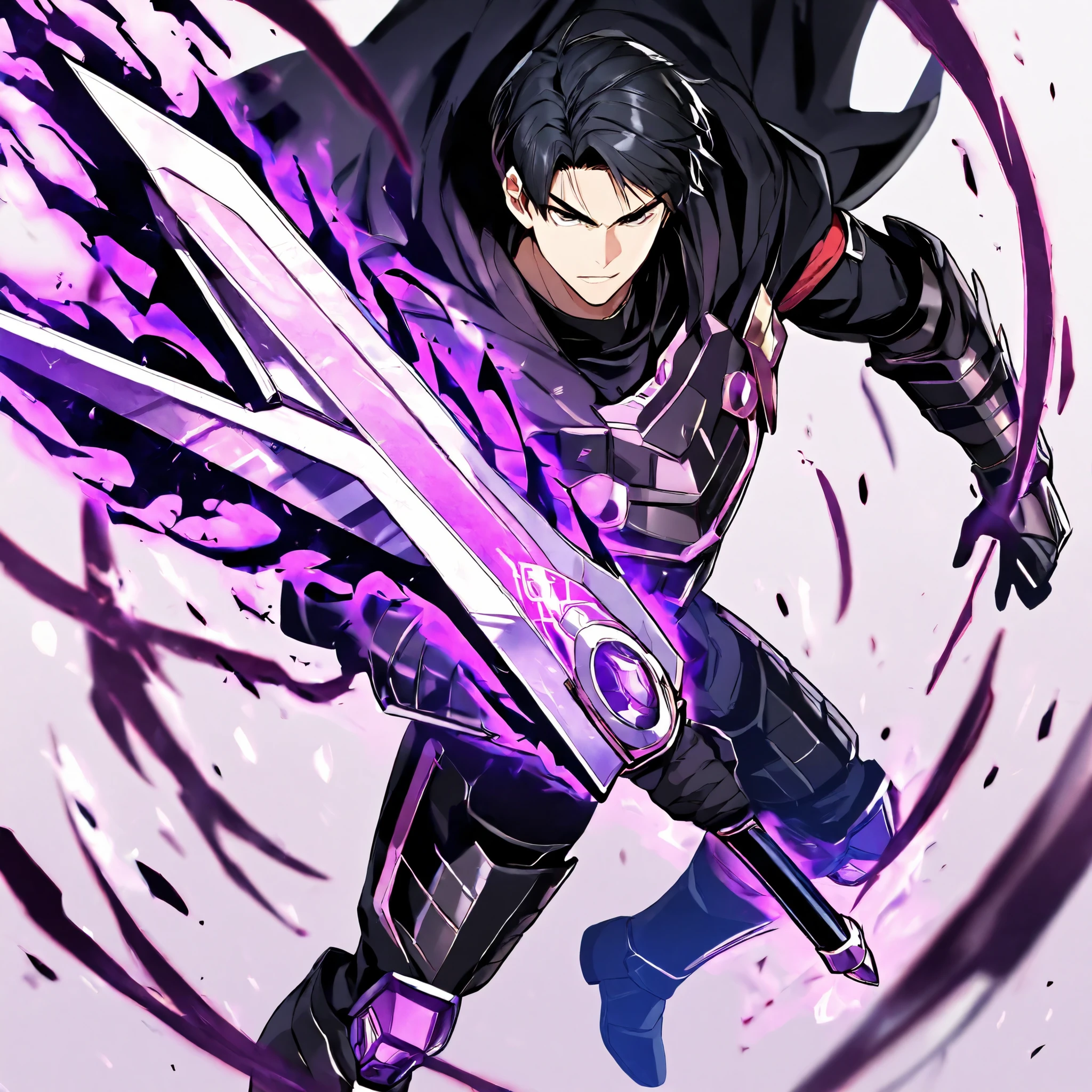 Solo, 1 male, Masterpiece, High Resolution,full view, Simple background, black military garb, black chest and leg armor, negative energy, battle gear, black hair, Anatomically Correct, Best Quality, powerful magic aura, black aura, black eyes, battle aura, purple sword, liger faunus
