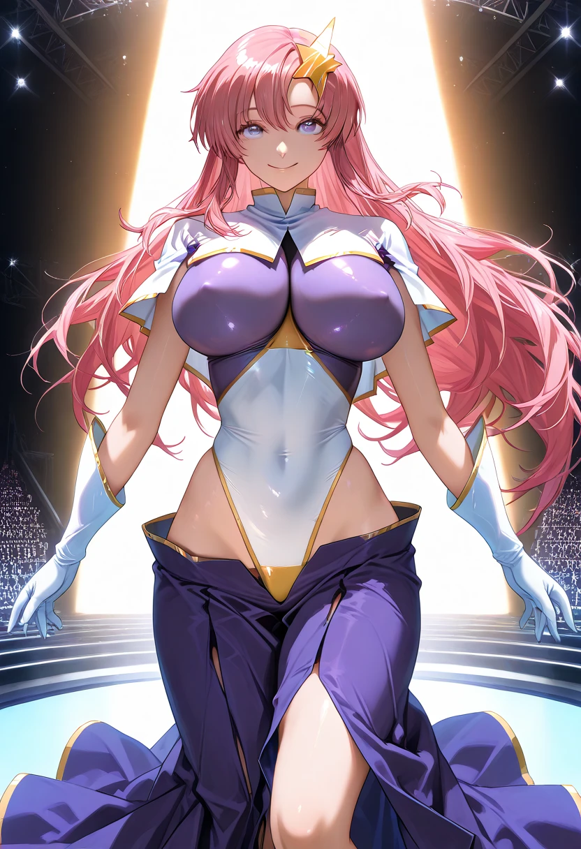 yoruichishihouin, yoruichi shihouin, long hair, (yellow eyes:1.5), ponytail, purple hair, dark skin, dark-skinned female, BREAK bodysuit, black bodysuit, bare arms, bare shoulders, BREAK outdoors, BREAK looking at viewer, (cowboy shot:1.5), BREAK (masterpiece:1.2), best quality, high resolution, unity 8k wallpaper, (illustration:0.8), (beautiful detailed eyes:1.6), extremely detailed face, perfect lighting, extremely detailed CG, (perfect hands, perfect anatomy)