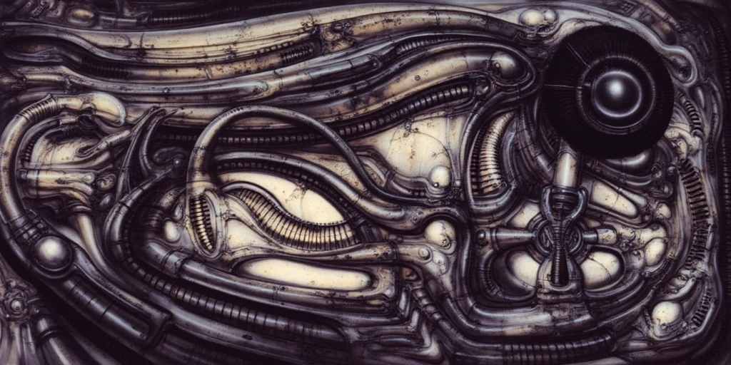 g1g3r, The image is a detailed view of H.R. Giger's biomechanical tableau \" LANDSCAPE No 312 \" plate, featuring
a complex, intricate, and detailed design of endless Machine in the transit spaceover the cascade of fallen water, that appears to be a fusion of organic and mechanical elements, with a focus on the interplay between the two.The piece is a tableau, most likely created with a India ink pen or pencil on paper, determined by the thin lines, shading techniques, and the texture of the paper, which is visible around the edges.
Used is pen, given the shading and variations in line weight visible in the image. Artist have used a variety of stylus with different degrees of hardness to achieve the shading effects.
The use of undersaturated green-grays dark contrasts creates a stark and graphic look. Is used a variety of linework techniques to create different textures. Fine, parallel lines create a smooth, metallic texture,while thicker, more cursive lines suggest cables or wires.
Light source from the top highlights skeletals, pper part of foreground, lower part of image is in shadowupper part of foreground, lower part of image is in shadow.
The art performance showcases the artist’s skills in observation and rendering. The level of detail in the piece suggests a close study of real bone specimens and mechanics. The artist has skillfully used shading techniques to create a convincing illusion of three-dimensionality on a flat surface. The wrinkles and cracks in the surface, and the cast shadows with accuracy, used shading techniques to create a realistic depiction of light and shadow on the objects. This creates a sense of depth and dimension in the image. The artist has used careful linework to depict the contours and textures in the piece
Sharp focus on foreground elements illustration. Deep and delicate DOF. Big painting. Stored in Louvre masterpiece, ooze soaked pajama top