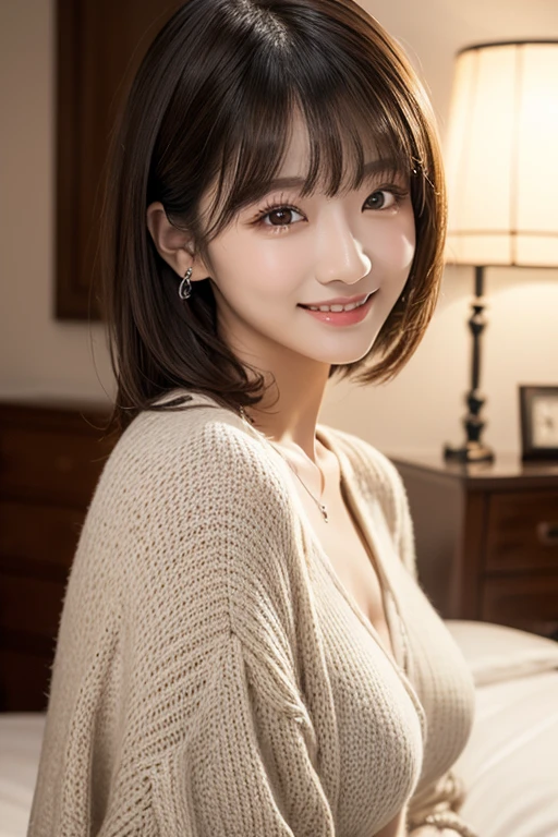 Highest quality、(beautiful)、Precision Eyes、Fine skin、Brown eyes、22-year-old female、Brown Hair、looking at the camera、Gal、Semi-short hair、cardigan、Put your finger to your lips、Selfie、smile、Precision Hands、Shoot from above、Cleavage