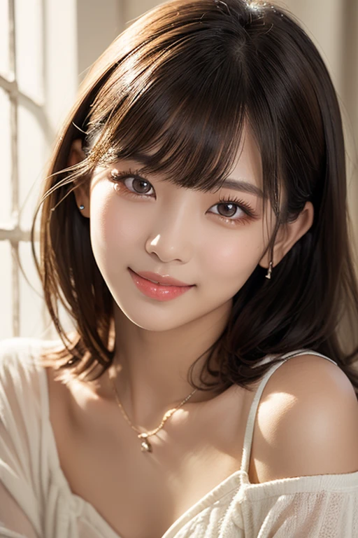 (masterpiece)、(Highest quality:1.5)、(Photorealistic:1.2)、(Surreal), (High resolution), (Realistic), (Post-processing),(Sharp focus), Sharp focus:1.2,Backlight, (Improvement of quality:1.4), (Narrow waist)、((Perfectly detailed five-fingered hands)),(Anatomically correct body)、((1 female:1.4))、Japanese、Realistic Skin、(Small chest:1.4)、Bust size is A cup、Pretty woman with perfect figure:1.4,(from the front:1.5), (Enhances the beauty of skin texture:1.1),No makeup、美しいBlack Hair、smile、Natural color lip、(Small Mouth:1.4)、The mouth is not open、Thick lips、(Oval Face)、Even bangs、Hide eyebrows with bangs、((33-year-old woman))、Bob Hair、Hair blowing in the wind, (Black Hair, Iris, Watery eyes, Shining Eyes, Bob Cut Hair, Small earrings,), Hair behind the ear、No makeup、(Drooping eyes)、(((One lovely woman)),((優しい大きなsmile)),(( Small breasts,Small breastsの谷間)),((((Plump Cheeks)))),very cute,(Baby Face),Raccoon face、