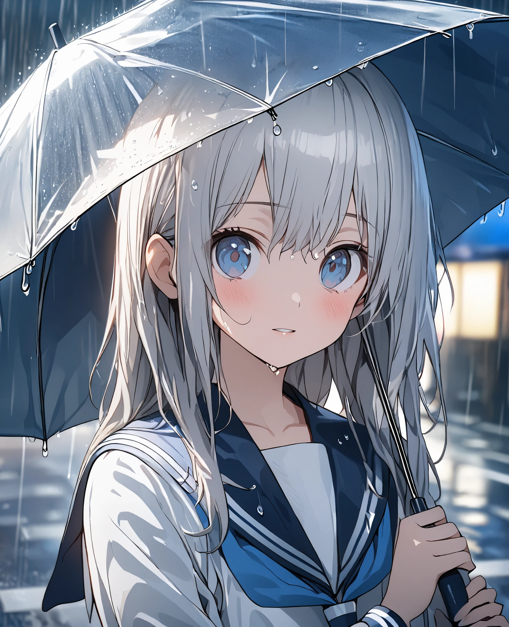 one girl、light silver hair、sailor suit、navy blue miniskirt、full body、Hold an umbrella、rain、wet hair, semi-long、light blue eyes, Ultra High Definition, super details、dim lighting、see here、Transparent umbrella