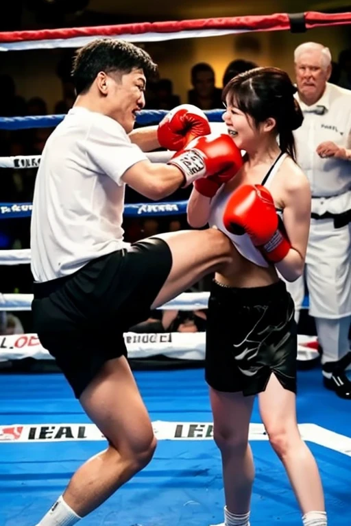 a man and a naked girl is fighting in a octagon ring. he is bashing her body in. her body. a man is beating bloody pretty young japanese girl fighter so hard. she is dominated by him. she is crying and screaming. she has short-cut black hair, shortness of breath, drool from her mouth, closed eye, exhaustion, and sweat soaked. open finger grobe. full body. Muscularity. Six pack abs. Erect nipples.