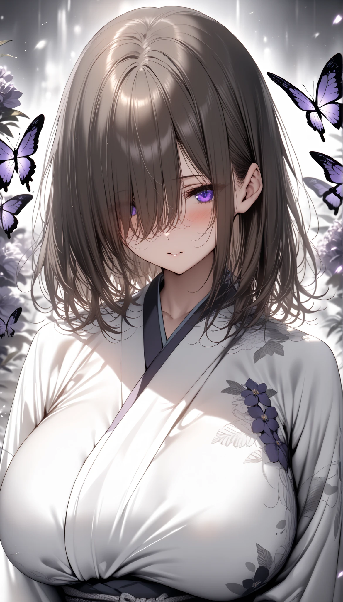 (masterpiece, Highest quality:1.2), (1girl), alone, ((medium hair)), ((dark brown hair)), (straight hair), ((hair over face)), detailed eyes, (hair over one eye), (hair over right eye), (purple eyes), (huge breast), high detail, ((bloom)), ((detailed face)), (beautiful effects), (white kimono), purple flowers, purple butterflies, ((grayscale)),