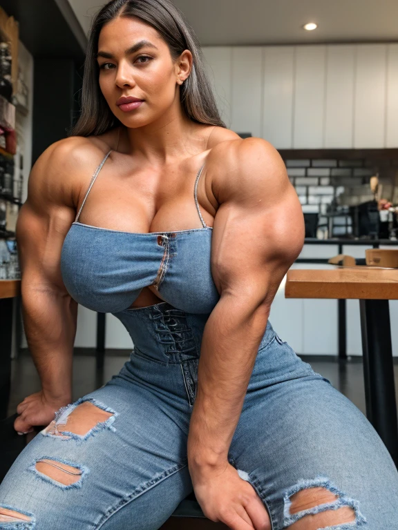 3 Camryn Rogers, A heavily muscled iffb pro female bodybuilder, (Realistic, high resolution:1.3), (Upper body), 1 girl , Denim corset top, Skinny jeans, cafe shop, Sitting, (Big breasts), cleavage