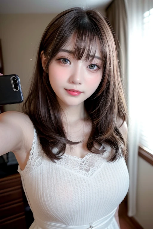 arafed woman with long brown hair and a white top, Pelo largo con flequillo, con flequillo, brown hair and bangs, brown long hair with bangs, Cabello largo con flequillo completo, auburn hair with bangs, con flequillo completo, Cabello limpio con flequillo, flequillo de cortina, flequillo esponjoso, Flequillo partido en el centro, Ella tiene el pelo  con flequillo