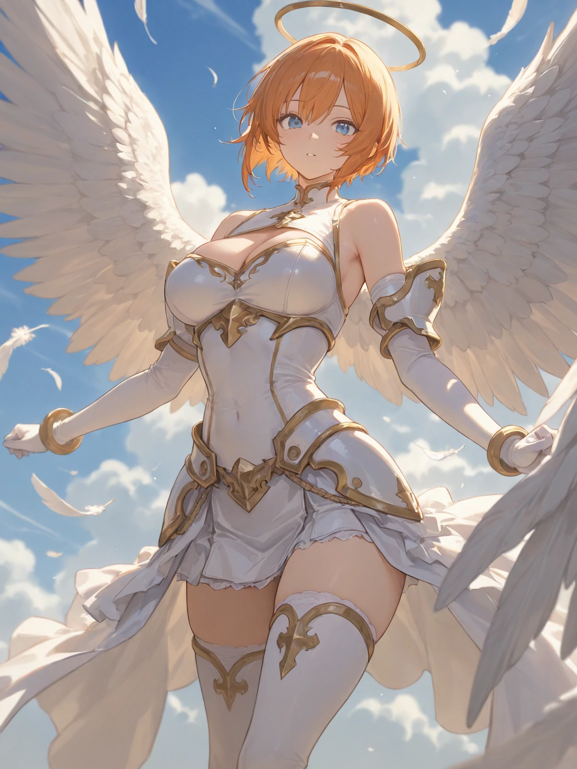 Masterpiece, Hoshizora rin, hair ornament,a beautiful urban female model, white transparent clothes standing under empty night stars, disappearing transparent pants, standing, facial details, detailed body part details, 8k wallpaper, (skin tight), angelic wings, crying,a smile, glowing eyes, curvy waist, heart shape breast armor, magical girl, from below