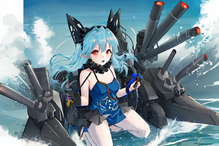 highres, top quality, best quality, paid reward available, High-quality illustrations, unparalleled masterpiece, perfect artwork, absurdres, perfect anatomy(highly detailed beautiful face and eyes)(angelic cute 1girl, kemono, solo focus)(furry)(furry anthro:1.7)(Furry body, dog facial features, dog body features)(very detailed body fur)anime girl in bikini with gun and gun in water, azur lane style, kantai collection style, tattered military gear, best anime 4k wallpaper,