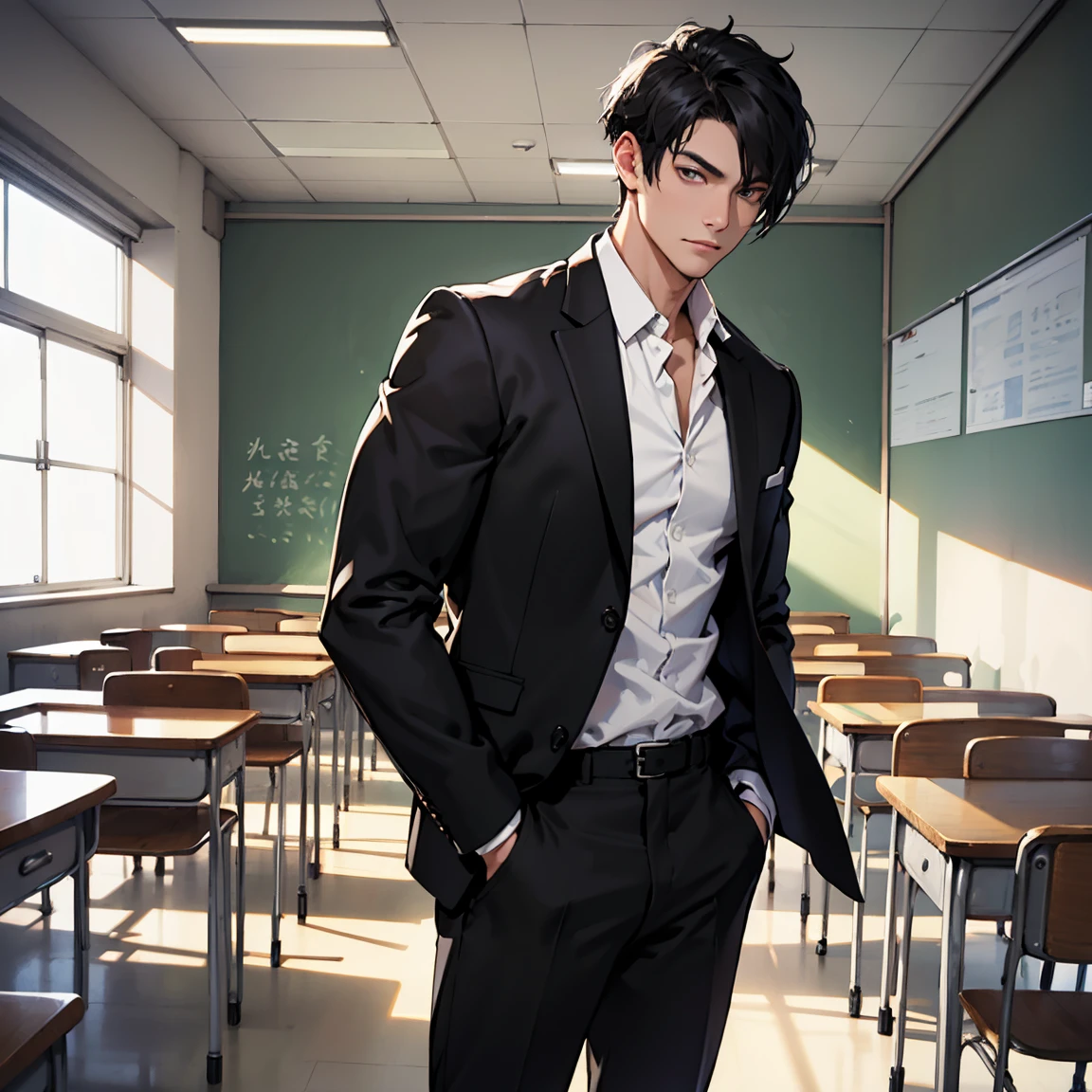 A hot male teacher with black short hair inside a classroom with a crazy look in his face and red eyes
