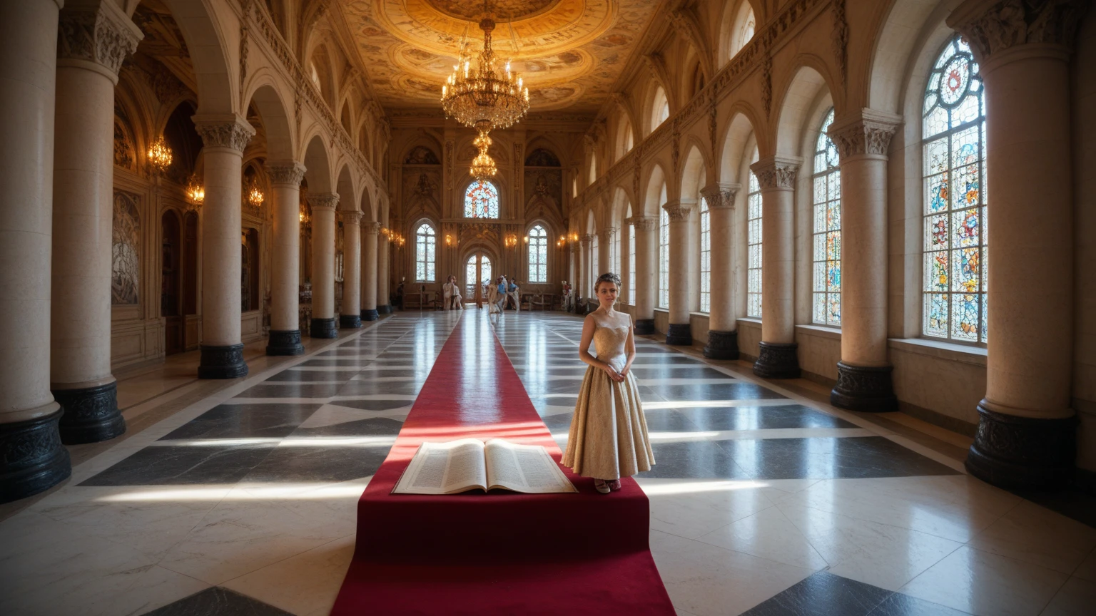Date: 1598
Location: Versailles, France
Description: Amid the grandeur of the Hall of Mirrors, a courtier adjusts their elaborate attire in the ornate mirrors, the soft light reflecting off gilded frames.