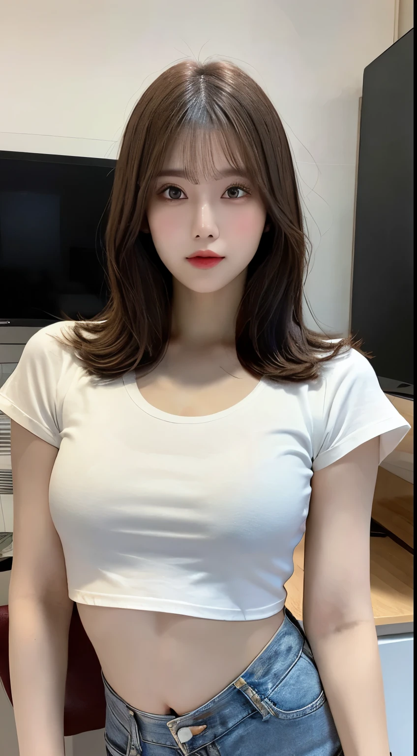 (Very shorthair brown hair、Radiant hair、fair-skinned young woman with brown eyes. A beautiful woman with slender, sharp eyes、Glaring face、Contemptuous face、She is described as a very cute and attractive girl 、large white t-shirt、crouching down、Absolute Area、Sagging milk、huge tit)