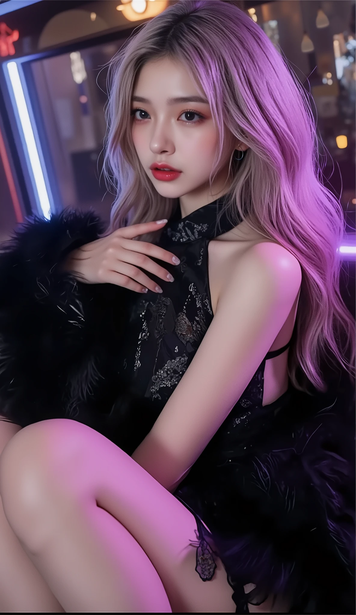 ((depicts a Korean pop idol girl。),(full body shot with mahiru),((99 cm G cup big breasts)),((Glamorous Disco Hall)),((high neck sleeveless dress)),(Neon lights illuminate you),(smile),(beautiful Korean idol makeup,beautiful lips,dark eyeshadow,long lashes),shiny skin staring at the camera, Show view , beautiful hair, Pure Eyes , (Super Long Straight Hair,beautiful hair with point colors),(8k, Highest Quality , masterpiece:1.2, very detailed on trends),( anatomically correct, Ultra Detailed Skin ,Refers to 5 books )