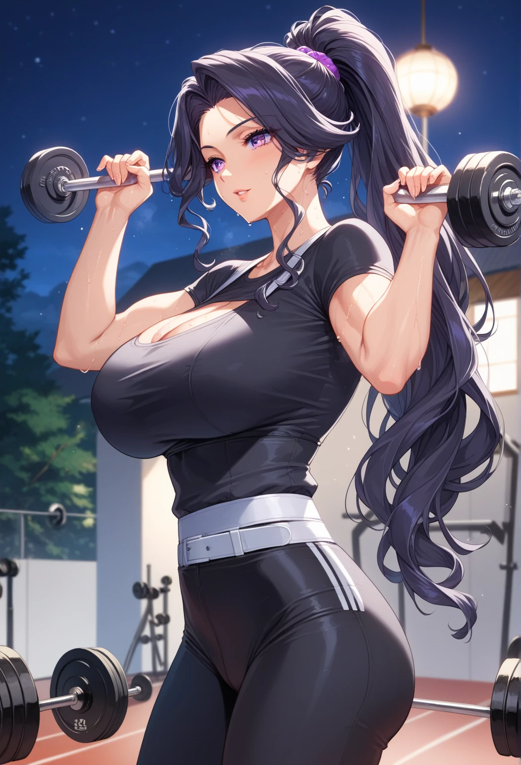 gym, exersice, workout, hot, sweating, sweaty, tan, big boobs, tan skin, lifting, flustered, blush, black clothes, see thru, stocking, in pain, heavy lifting, older girl, yoga pants