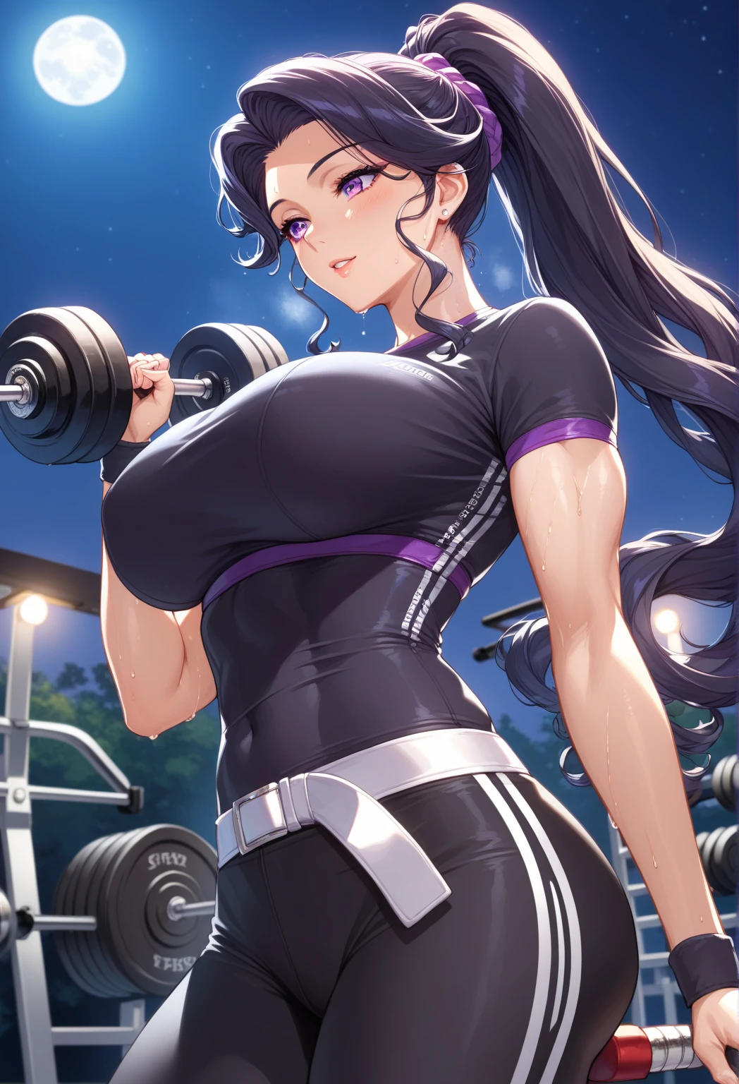 gym, workout, hot, sweating, sweaty, tan, big boobs, tan skin, flustered, blush, purple clothes, see thru, yoga pants, black hair, soaked, wet, naked boobs, cleavage, running, running on treadmill, treadmill, running, in pain, painfull, eyes closed, clenched teeth in pain, curvy, purple yogapants, purple pants, ponytail, massive boobs, curvy, sexy, massive boobs