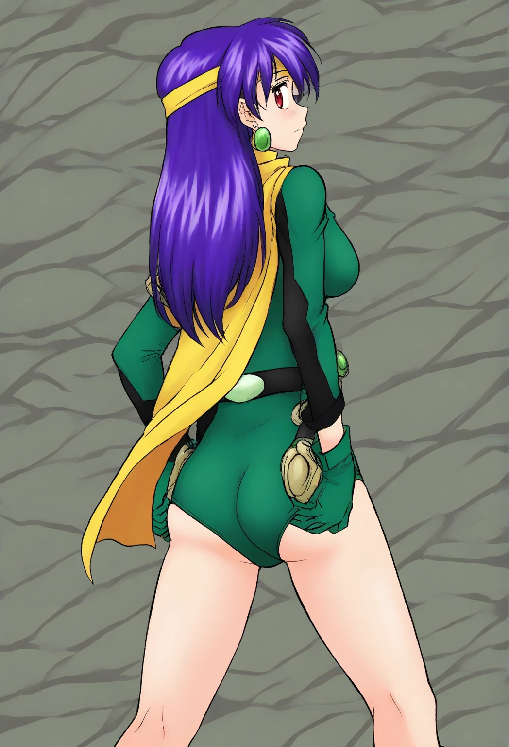 (hews art style:0.7), score_9, score_8_up, score_7_up, score_6_up, uncensored, YamashiroRen, long hair, black hair, blunt bangs, hair ornament, purple eyes, BREAK (masterpiece:1.2), best quality, high resolution, (beautiful detailed eyes:1.3), perfect lighting, (perfect hands, perfect anatomy), hearts, pleasured, huge breasts, sagging breast, 1girl, thighhighs, breasts, dress, green dress, necklace, large breasts, solo focus, jewelry, looking at viewer, covered navel, thighs, hand on own hip, long sleeves, smile, black thighhighs