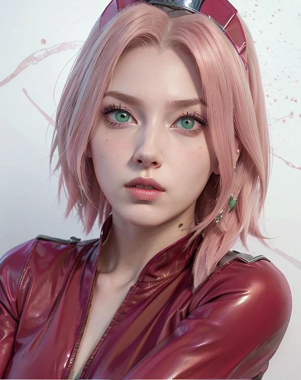 young woman, porcelain skin, short bubblegum pink hair, big red lips, big green eyes, pink eyebrows, red leather dress, Sakura Haruno, 3d, realism