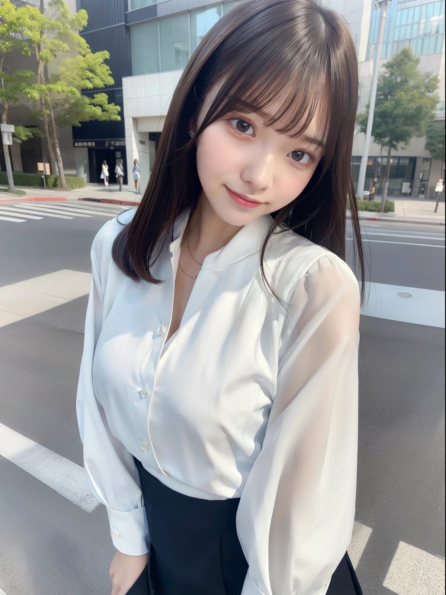 (RAW Photos), (Photorealistic), (masterpiece), (Highest quality), High resolution, 8k resolution, (Exquisite detail), (Volumetric Light),  woman, Age 35, short hair, Straight hair, Brown haired, Very thin, Very white and clear skin,Highly detailed eyes, Source Sequence, Very thin eyebrows, eyelash,The ultimate beauty,Cute like an idol, smile,  (上品で透明感のあるWhite blouse), Random body orientation,Medium chest,Beautiful Japanese office lady, White blouse，Ultra-mini pleated skirt, Lace pantyhose, Random Color, Cute Face, Real Light, Correct Anatomy, Riding a bike 1.4、City bike,  on the saddle、Grip the steering wheel with both hands, pedal, Angle 1 From below.4、(((Low angle 1.4))), In the city, There is a strong headwind, Skirt flipped up, (((Her panties are visible))), Beautiful long legs, (((1 よりかなりFrom below.4))), Thin thighs, Viewers looking up,From below,From below,looking at the camera(looking at the viewer),low angle full body shot, from below angle, focus saddle, zoom her skirt