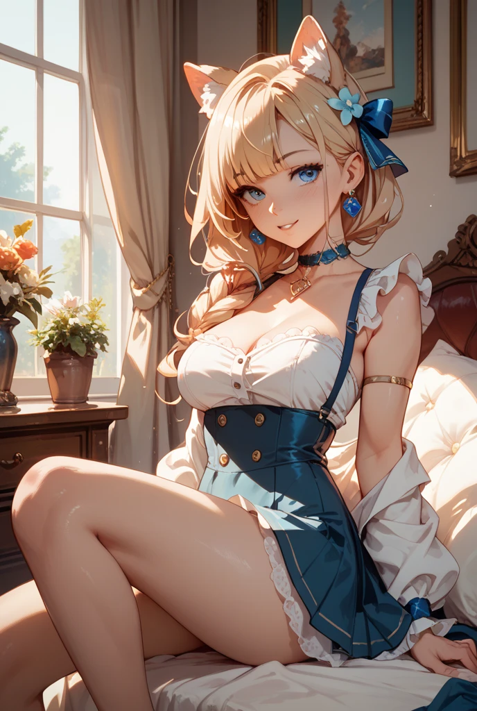 (hyperrealistic), (illustration), (high resolution), (8K), (extremely detailed), (best illustration), (beautiful detailed eyes), (best quality), (ultra-detailed), (masterpiece), (wallpaper), (detailed face), solo 1 girl, ta, smiling, big breasts, Bunny Girl, blue Eye, blonde hair, whole body, Lacy blue underwear, twin tail hair, on bed --auto --s2