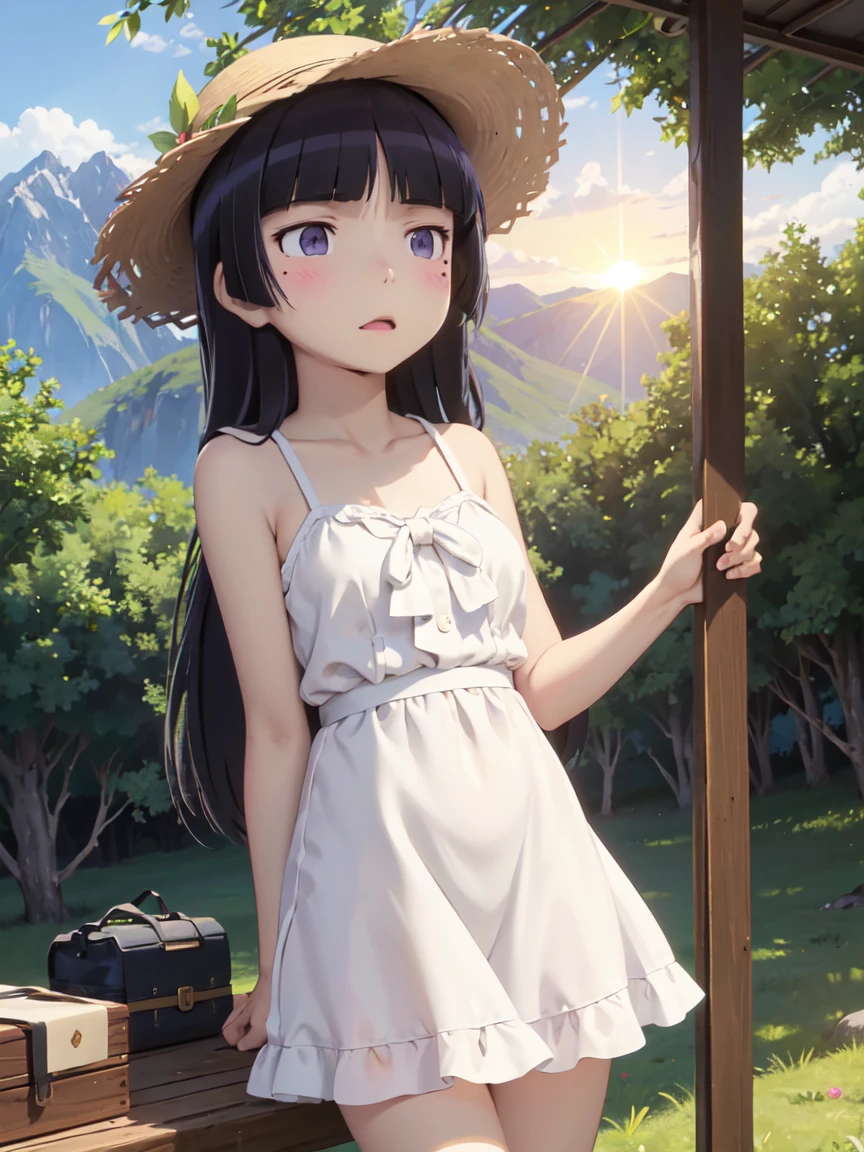 ((ruri gokou)), long hair, blush, black hair, 1girl, pants, mole, mole under eye, (Straw hat), Awning hat, (sundress), dress, (white dress), Outdoor, camp, Beautiful Mountain々, background, The set up tent, clear々A beautiful morning, Light shines in, In front of the tent, coffee, Have fun, landscape, nature, quiet, picnic, Relaxation, refreshing, early morning, Calm, scenery, relax, fresh, Morning, Sunrise, hiking, Adventure, blue sky, fresh air, Journey, Majestic, Lush