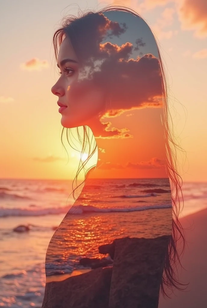 high quality,8k ultra high definition,美丽的Doubleexposure,Combining the silhouette of the goddess with the sunset coast, sunset coast should be used as the bottom background,Details are integrated into the silhouette of the goddess,Clear lines,The background is a monochromatic ,Focus sharp,Doubleexposure,Created by yukisakura,Gorgeous full color