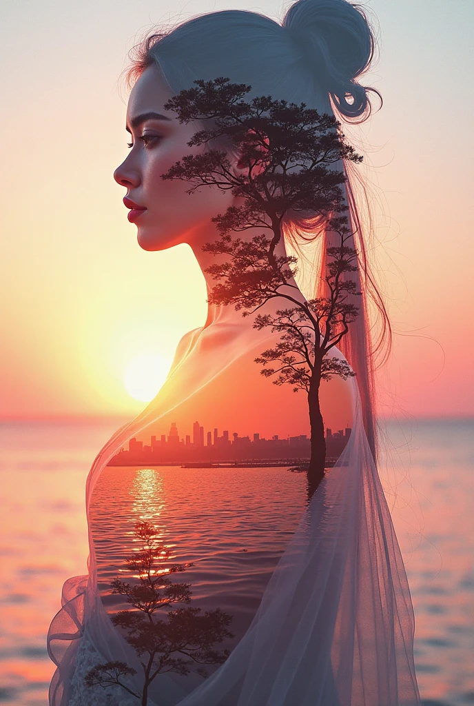 high quality,8k ultra high definition,美丽的Doubleexposure,Combining the silhouette of the goddess with the sunset coast, sunset coast should be used as the bottom background,Details are integrated into the silhouette of the goddess,Clear lines,The background is a monochromatic ,Focus sharp,Doubleexposure,Created by yukisakura,Gorgeous full color
