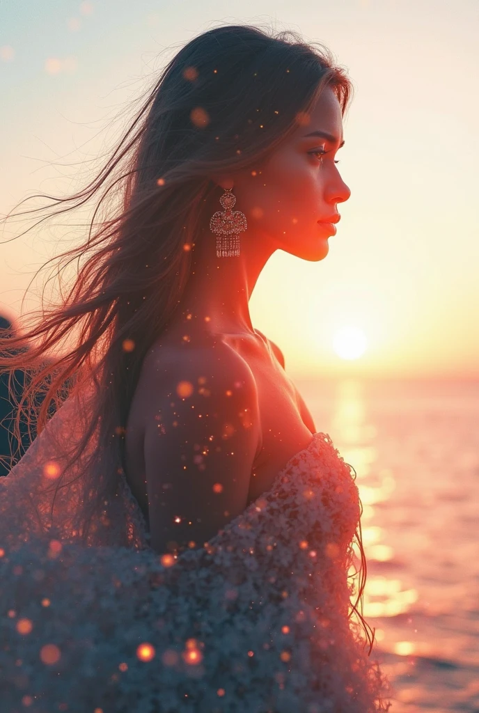 high quality,8k ultra high definition,美丽的Doubleexposure,Combining the silhouette of the goddess with the sunset coast, sunset coast should be used as the bottom background,Details are integrated into the silhouette of the goddess,Clear lines,The background is a monochromatic ,Focus sharp,Doubleexposure,Created by yukisakura,Gorgeous full color