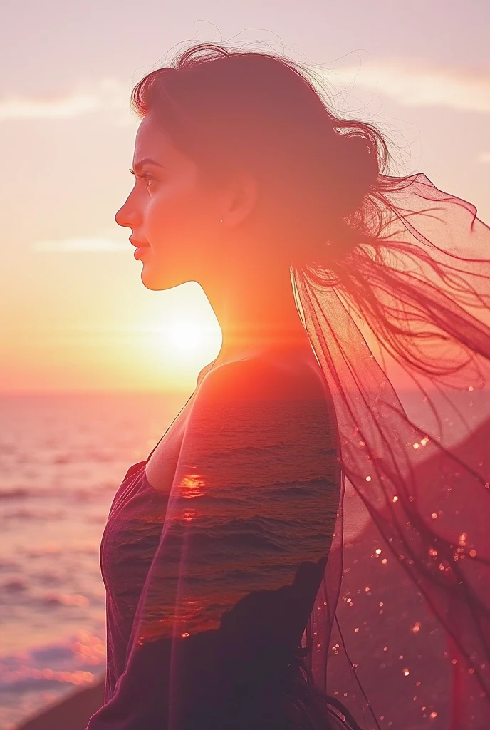 high quality,8k ultra high definition,美丽的Doubleexposure,Combining the silhouette of the goddess with the sunset coast, sunset coast should be used as the bottom background,Details are integrated into the silhouette of the goddess,Clear lines,The background is a monochromatic ,Focus sharp,Doubleexposure,Created by yukisakura,Gorgeous full color