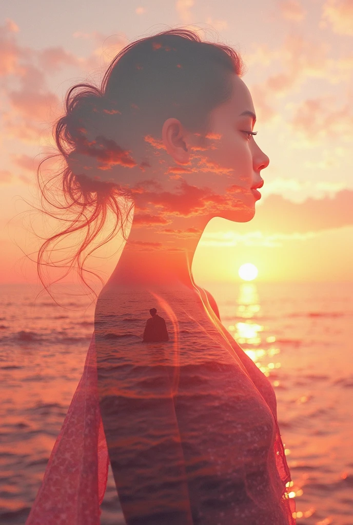 high quality,8k ultra high definition,美丽的Doubleexposure,Combining the silhouette of the goddess with the sunset coast, sunset coast should be used as the bottom background,Details are integrated into the silhouette of the goddess,Clear lines,The background is a monochromatic ,Focus sharp,Doubleexposure,Created by yukisakura,Gorgeous full color