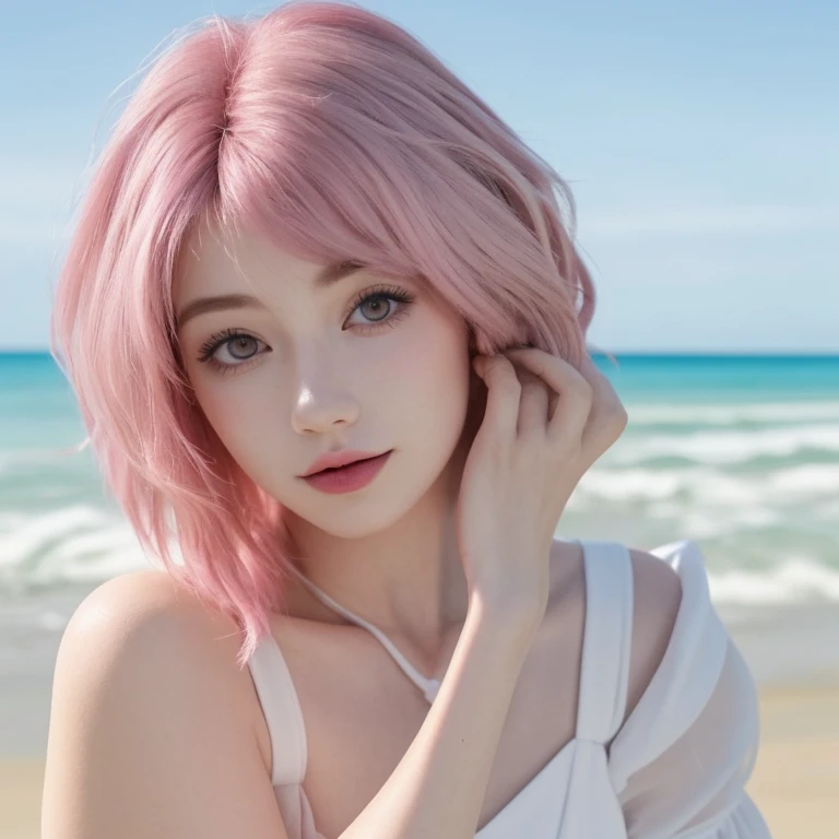 close-up,1girl,pink hair,white dress,Beach background