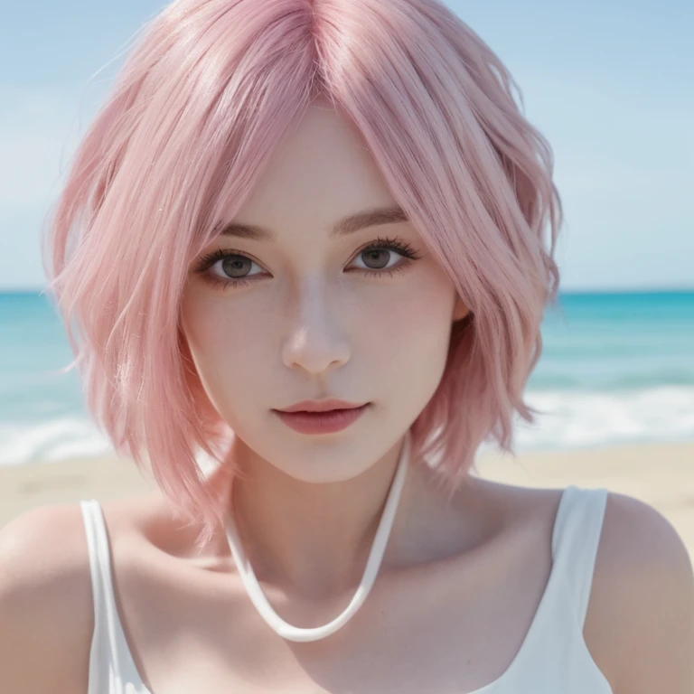One Piece,face,close-up,1girl,pink hair,white dress,Beach background