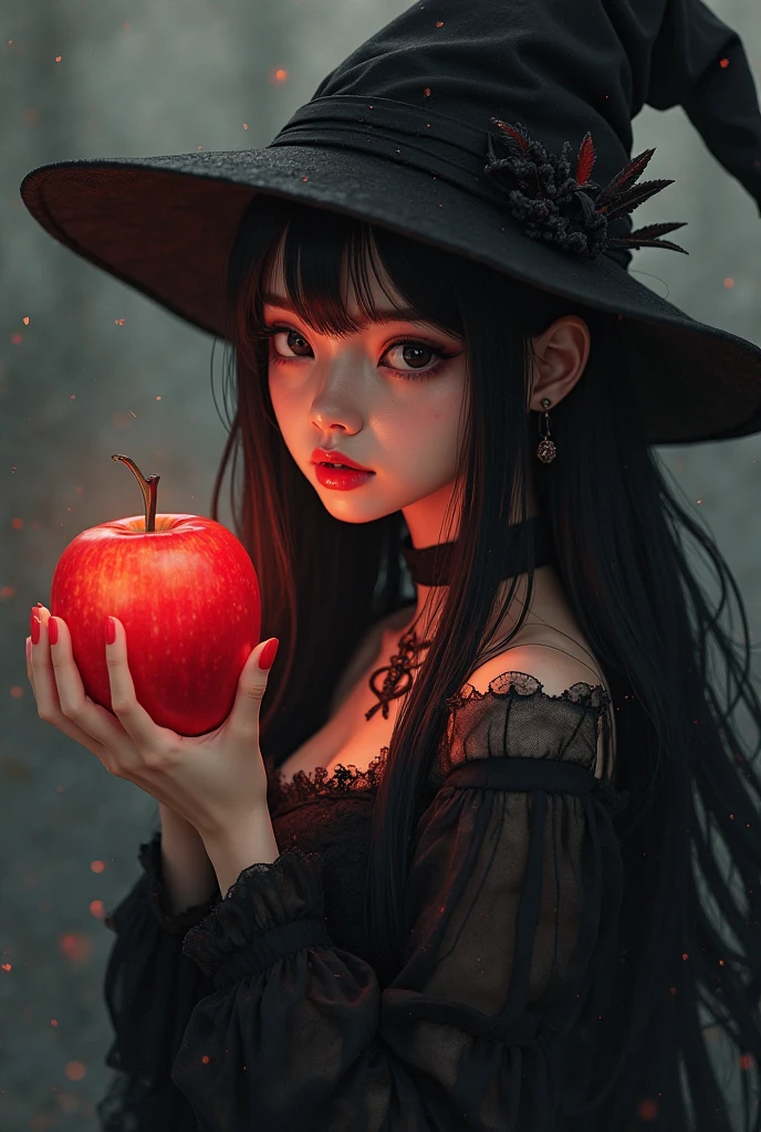 ((RAW photos)，Absurd ，(Absurd 分辨率))，masterpiece，Best quality，(extremely detailed 8k unity CG wallpaper)，(Most Best Illustration)，(BEST SHADOW)，Realistic lighting，Beautiful and detailed brilliance ，((21yo))，girl，longblackhair，Black Queen，accessories，Hold an apple，Poison apples，Witch Queen，red lipsticks，(((Her photography perspective)))