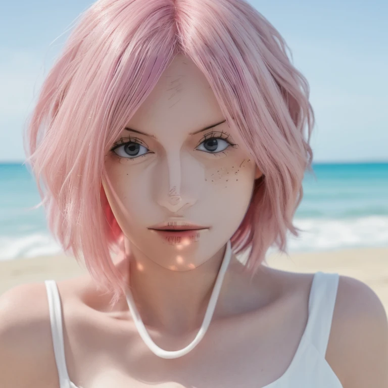 One Piece,face,close-up,1girl,pink hair,white dress,Beach background