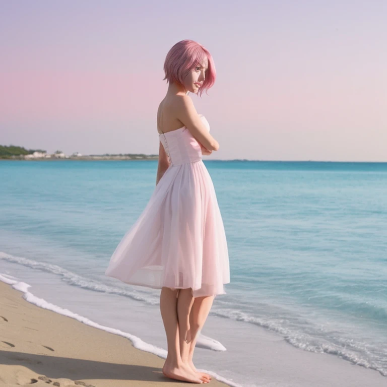1girl,pink hair,white dress,Beach background