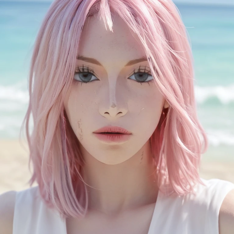 face,close-up,1girl,pink hair,white dress,Beach background