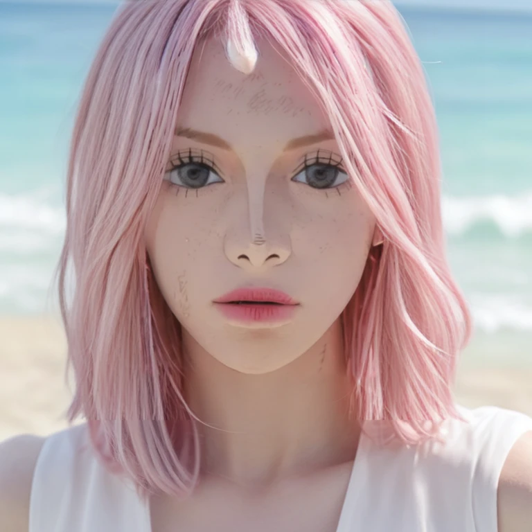 face,close-up,1girl,pink hair,white dress,Beach background