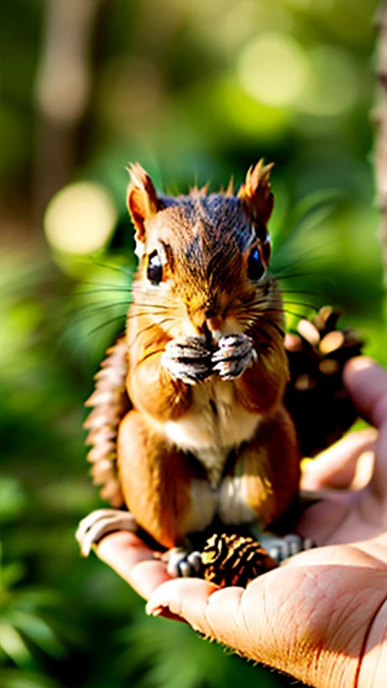 A little squirrel brings pine cones home,Happy expression,